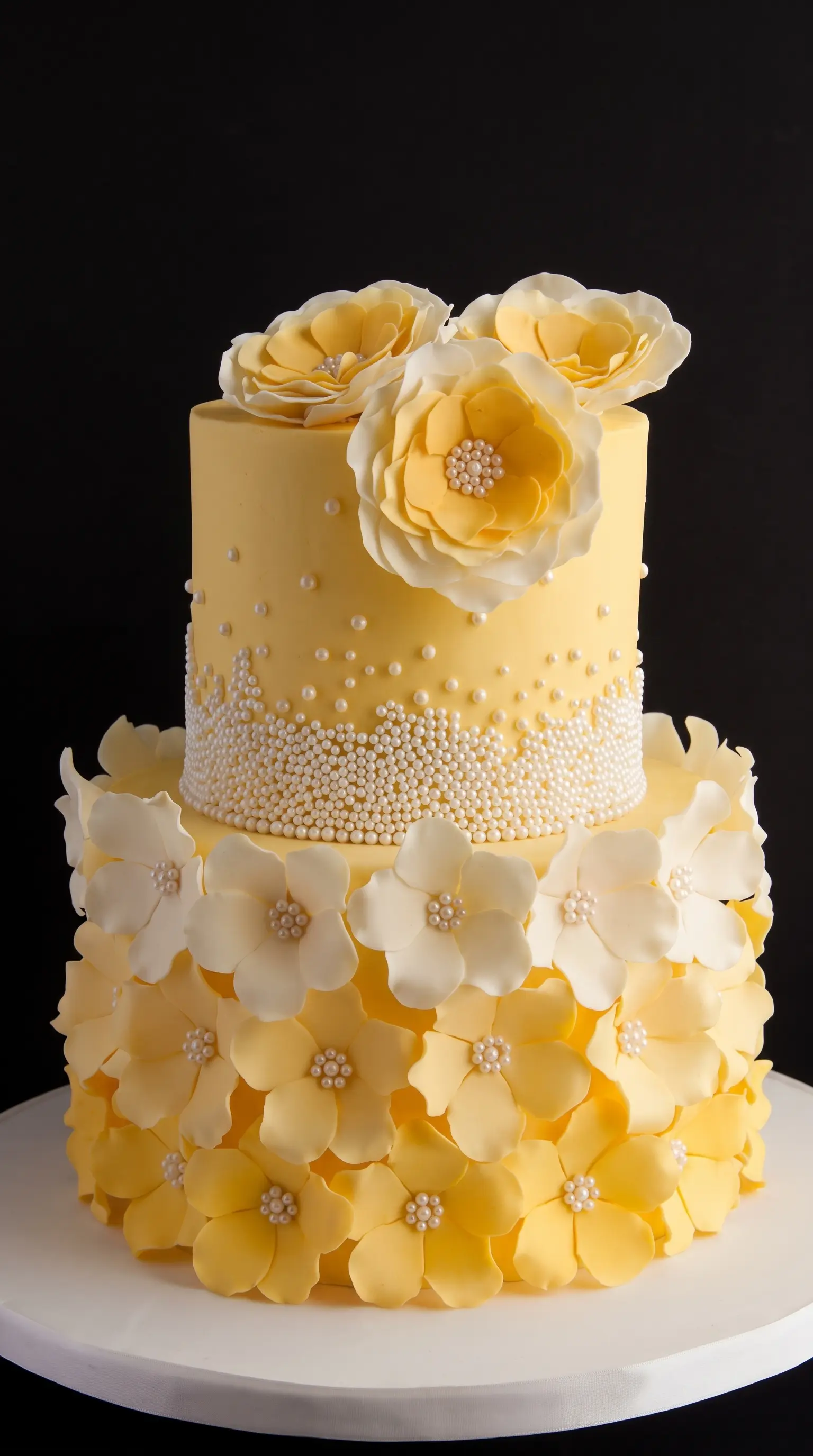 Yellow two-tier special event cake decorated with sugar flowers and pearl details